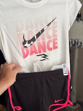 Nike Girls White Dance Tee with Pink Gradient Text & Black Shorts with Pink Trim